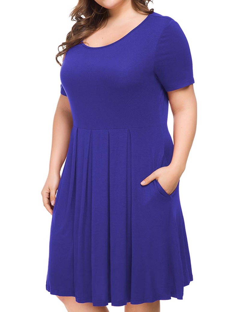 Tralilbee Womens Plus Size Casual Loose Soft Crewneck Pockets Stretchy Swing T-Shirt Dress Royal Blue XL - Image 3